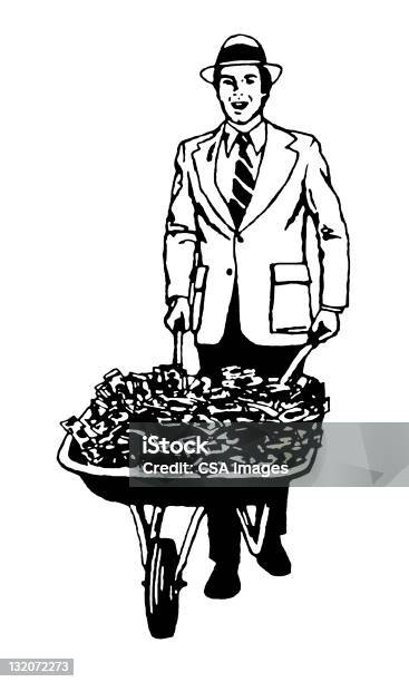 Man And Wheelbarrow Of Cash Stock Illustration - Download Image Now - Currency, Old-fashioned, Black And White