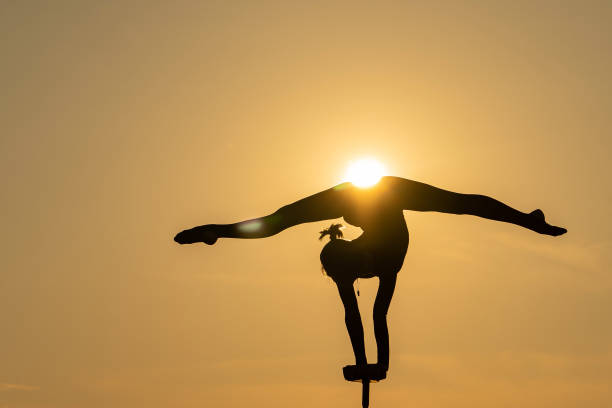 istock Silhouette of flexible acrobat doing handstand on the dramatic sunset background. Concept of individuality, creativity and passion 1320723267