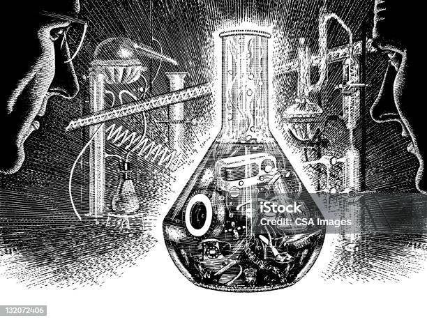 Ilustración de Hombre Mirando A Science Lab y más Vectores Libres de Derechos de Grabado - Objeto fabricado - Grabado - Objeto fabricado, Anticuado, Química