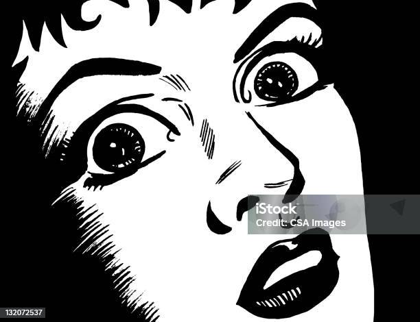 Closeup Face Da Mulher Com Medo - Arte vetorial de stock e mais imagens de Esquisito - Esquisito, Preto e Branco, Aberto