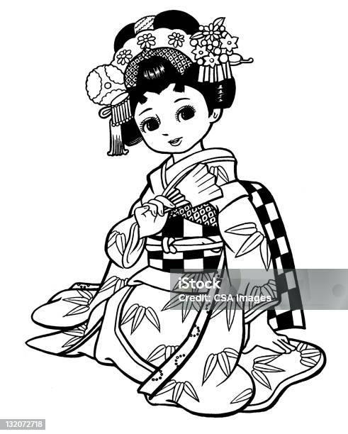 Ragazza Giapponese Vestito Come Geisha - Immagini vettoriali stock e altre immagini di Asia orientale - Asia orientale, Bambine femmine, Bambino