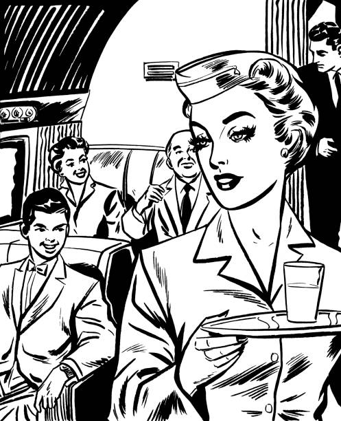 ilustrações de stock, clip art, desenhos animados e ícones de empregado de voo do avião servir bebidas - flight attendant serving drinks to mature man and woman