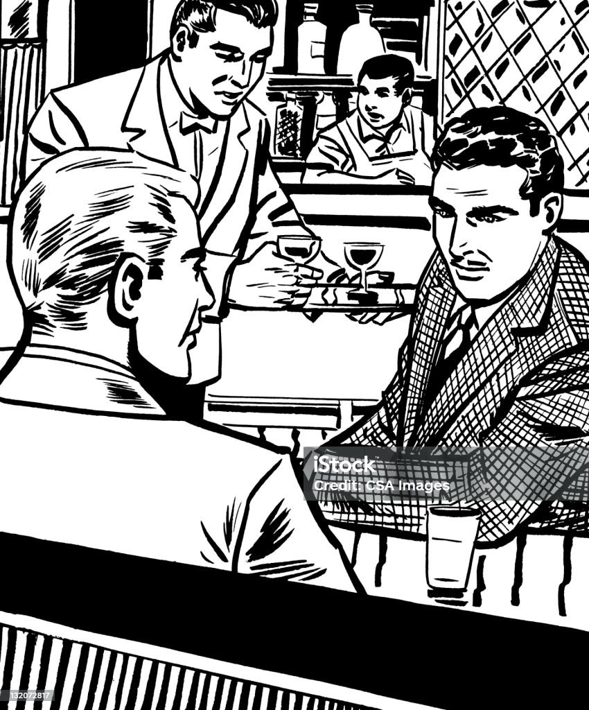 Two Men Sitting Inside Bar Bartender stock illustration