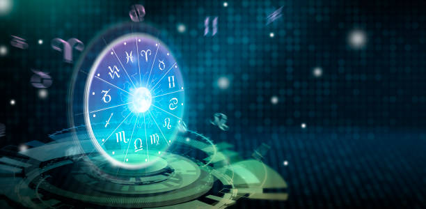 Zodiac wheel. Astrology concept. Astrological zodiac signs inside of horoscope circle. Astrology, knowledge of stars in the sky over the milky way and moon. The power of the universe concept. gemini astrology sign photos stock pictures, royalty-free photos & images