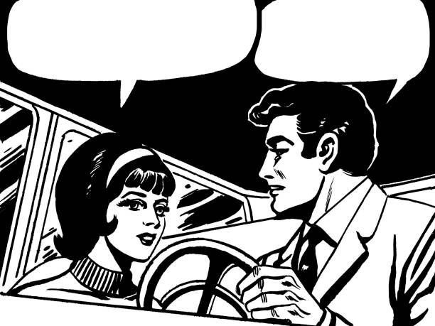 Man and Woman Talking in Car With Speech Balloons Man and Woman Talking in Car With Speech Balloons vintage steering wheel stock illustrations