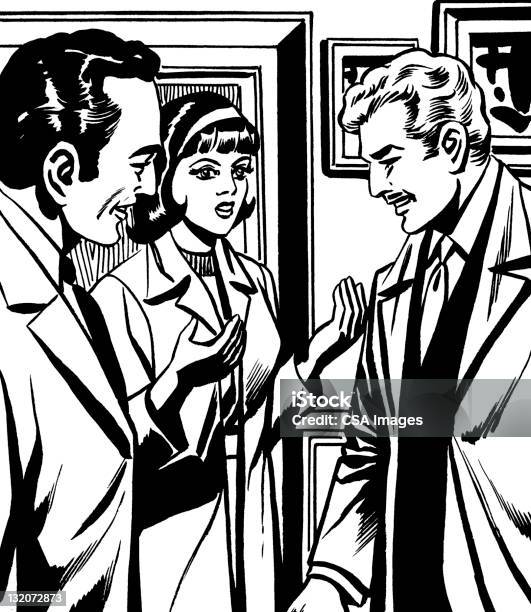 Woman And Two Men Talking Stock Illustration - Download Image Now - Adult, Adults Only, Bangs - Hair