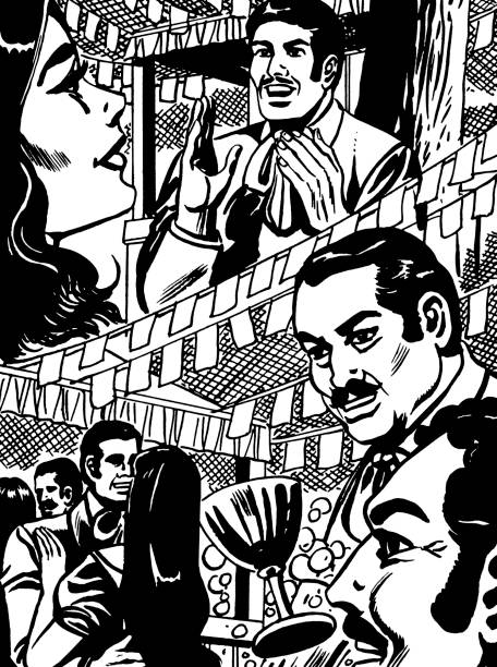 Two Scenes, Man and Woman and Men and Goblet Two Scenes, Man and Woman and Men and Goblet black and white party stock illustrations