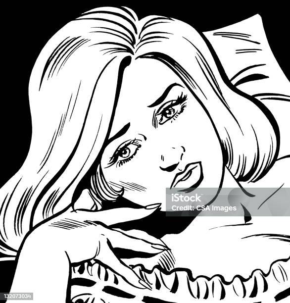 Вдумчивый Блондинка Женщина — стоковая векторная графика и другие изображения на тему Бессонница - Бессонница, В помещении, Вертикальный