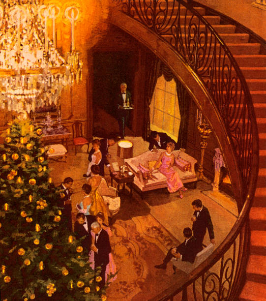 stockillustraties, clipart, cartoons en iconen met view of christmas party - xmas tree