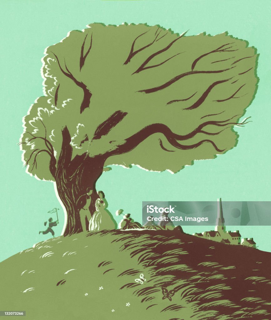 Viejo tiempo Escena debajo de árbol - Ilustración de stock de Viento libre de derechos
