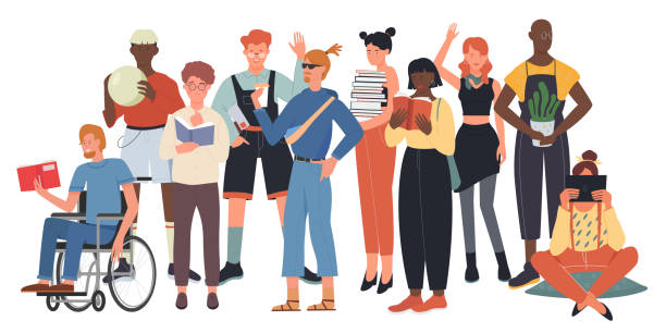 Crowd of young people, mixed community with happy girl boy friends standing together Crowd of young people, mixed community vector illustration. Cartoon happy girl boy friends characters standing together, social group of students, disabled person in wheelchair isolated on white students with disabilities stock illustrations