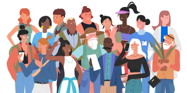 Vector illustration of Diverse modern community, people crowd, elderly or young man woman standing together