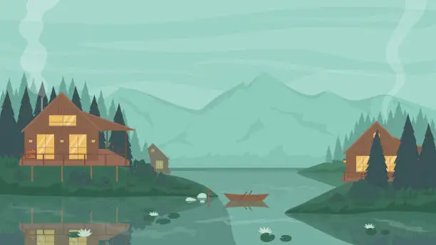 Vector illustration of Bungalow wooden house in mountain landscape, calm waters of lake or river, stilt cottages