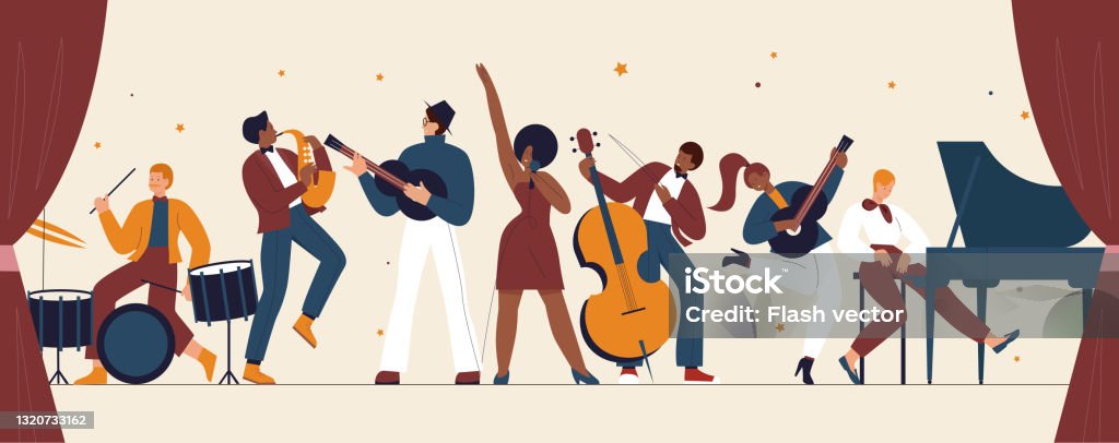 International jazz day, retro festival party concert, musicians of live music band International jazz day, retro music festival party concert vector illustration. Cartoon live music band playing musical instrument, woman singer and musicians with saxophone piano drum background Music stock vector