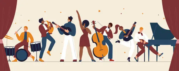 Vector illustration of International jazz day, retro festival party concert, musicians of live music band