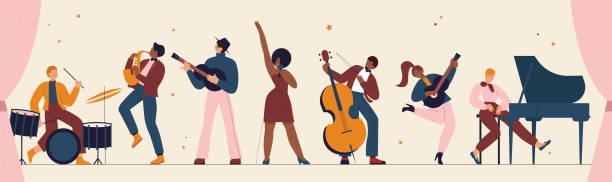 International jazz day, retro festival party concert, musicians of live music band panorama International jazz day, retro music festival party panorama concert vector illustration. Live music band playing musical instrument, woman singer and musicians with saxophone piano drum background musician stock illustrations