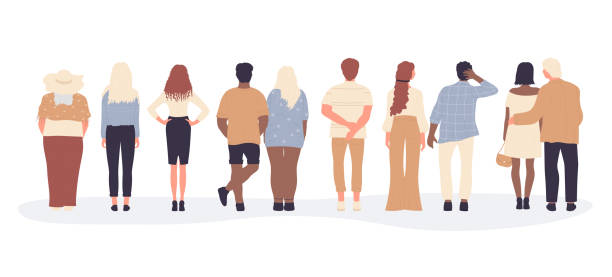 People group in casual clothes back view set, persons of different ages and body types People group in casual clothes back view vector illustration set. Cartoon young woman man couple characters hugging, persons of different ages and body types standing in row backside isolated on white man touching womans buttock stock illustrations