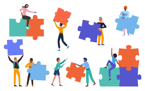 People hold puzzle jigsaw, challenge concept set, holding colorful puzzle pieces People building creative puzzle concept vector illustration. Cartoon man woman group of characters wearing casual clothes, holding puzzle jigsaw pieces to create success idea startup background puzzle stock illustrations