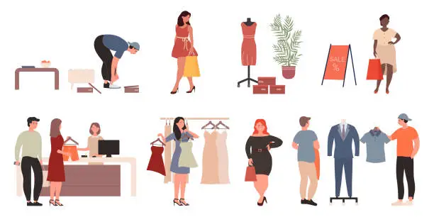 Vector illustration of Shopping people buy fashion shoes clothes in store on sales set, holding shopper bags