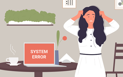 People with computer tech error in office workplace vector illustration. Cartoon frustrated business lady character working with software problem, young office worker girl and error warning window