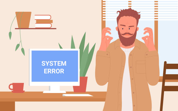 Office worker and broken computer, angry businessman watching blue error warning window Office worker and broken computer vector illustration. Cartoon angry businessman character watching blue error warning window of death on pc screen, frustrated employee has software problem background hass avocado stock illustrations