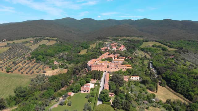 Drone view of Bolgheri cypress road and vineyards in Tuscany