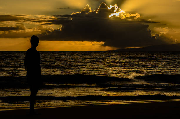 istock Sunset, Stormy Clouds and Woman Silhouette 1320734938