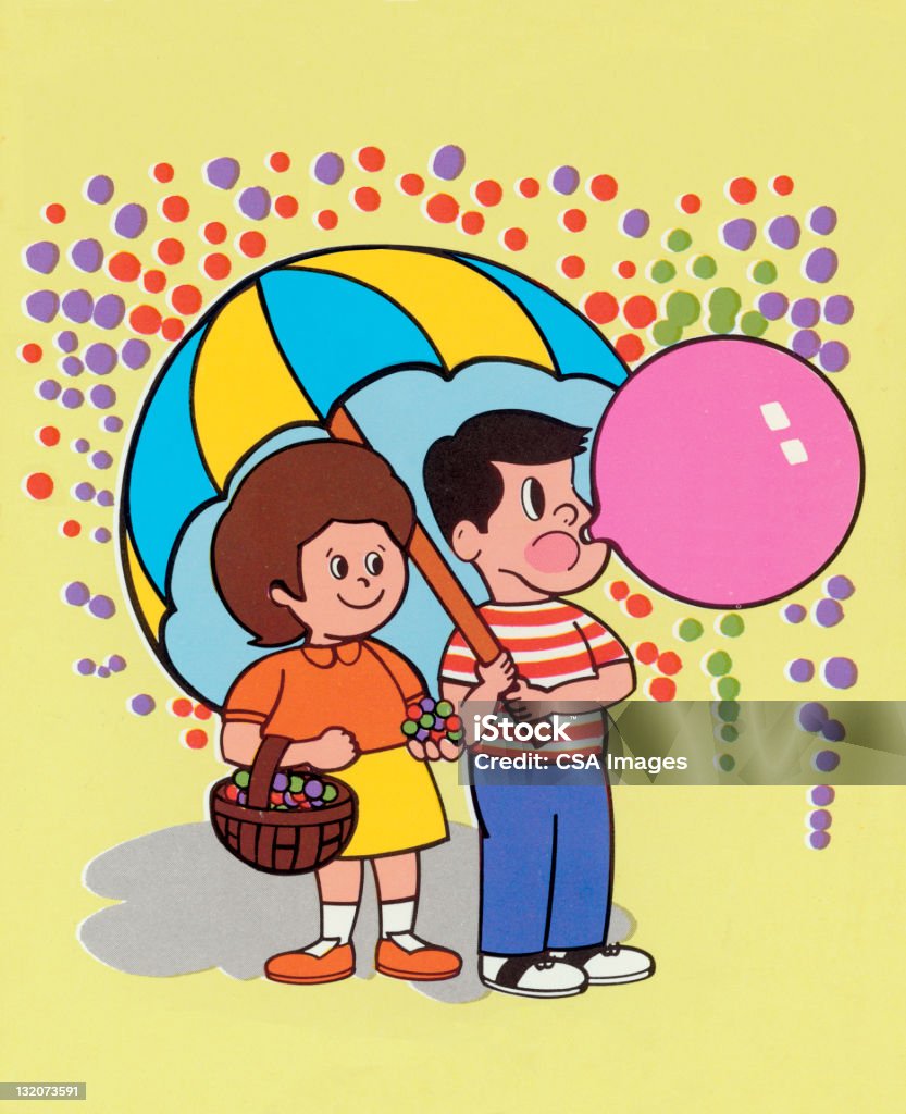 Children Under Umbrella Bubble Gum stock illustration