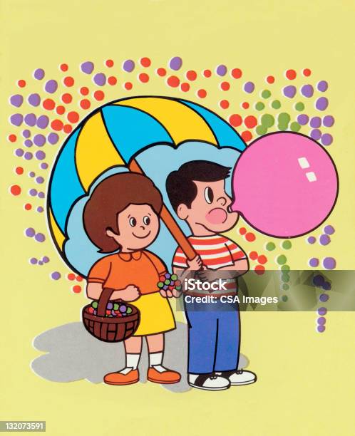 Children Under Umbrella Stock Illustration - Download Image Now - Bubble Gum, Basket, Boys