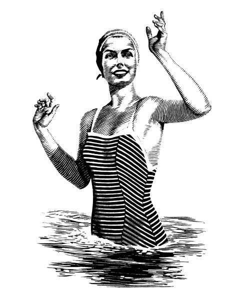 Woman in Water Waving Woman in Water Waving waist deep in water stock illustrations