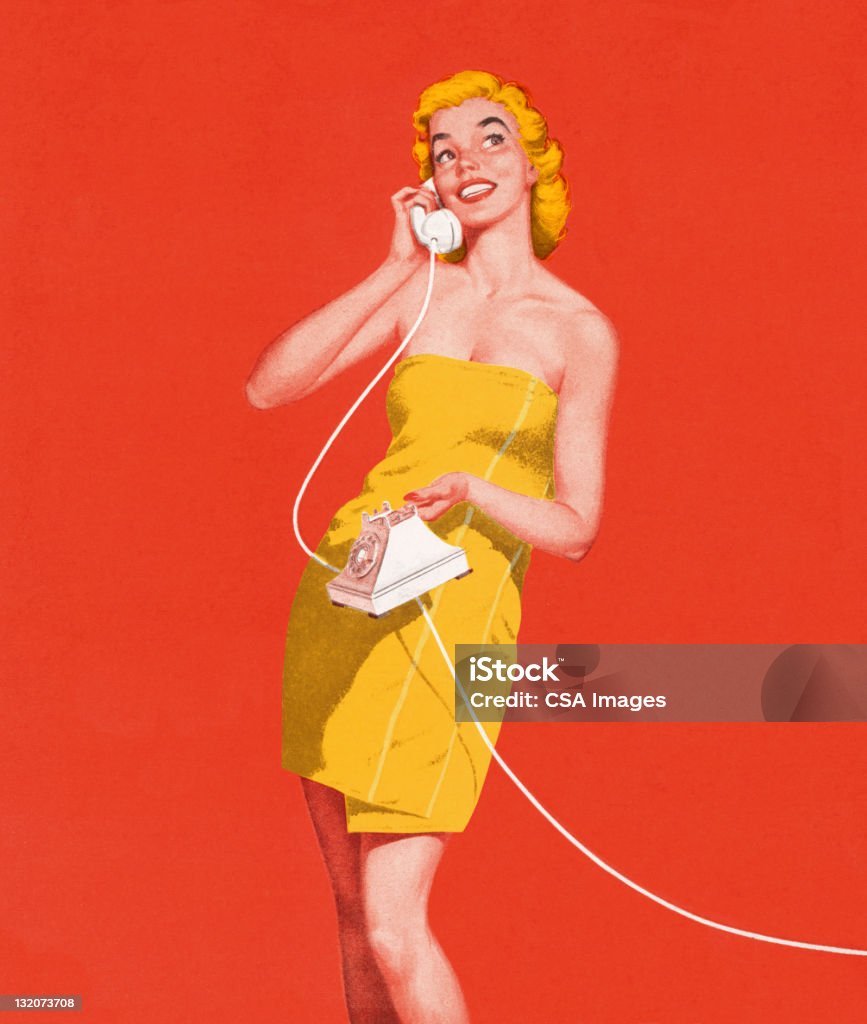 Donna con asciugamano sul telefono - Illustrazione stock royalty-free di Vecchio stile