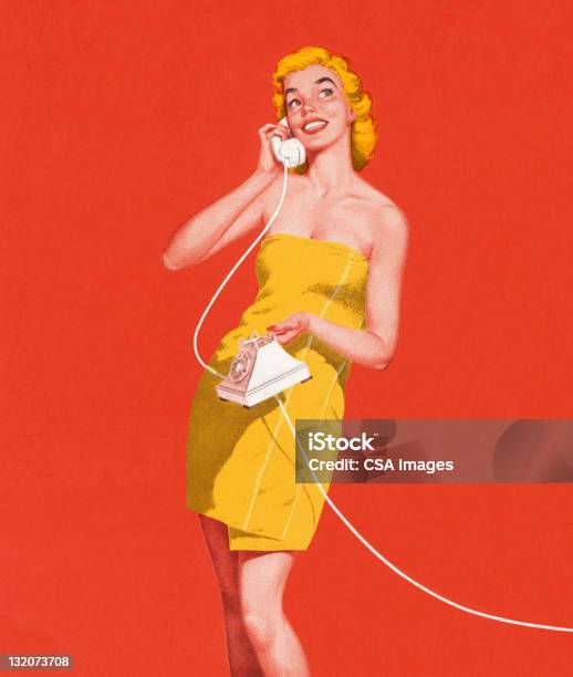 Woman In Towel On Telephone Stock Illustration - Download Image Now - Old-fashioned, Women, One Woman Only