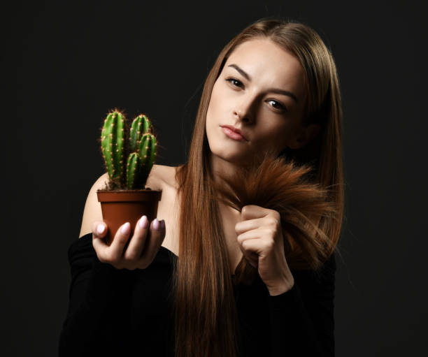 zdenerwowany zaniepokojona młoda kobieta z długimi jedwabistymi prostymi włosami porównuje włosy rozdwajające się z rośliną kaktusa w doniczce, którą trzyma - moisturizer women cosmetics body zdjęcia i obrazy z banku zdjęć