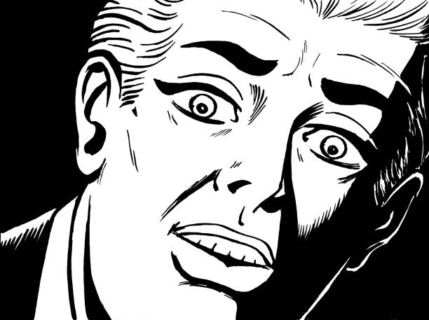 ilustrações, clipart, desenhos animados e ícones de close-up do homem assustada - black background studio shot horizontal close up