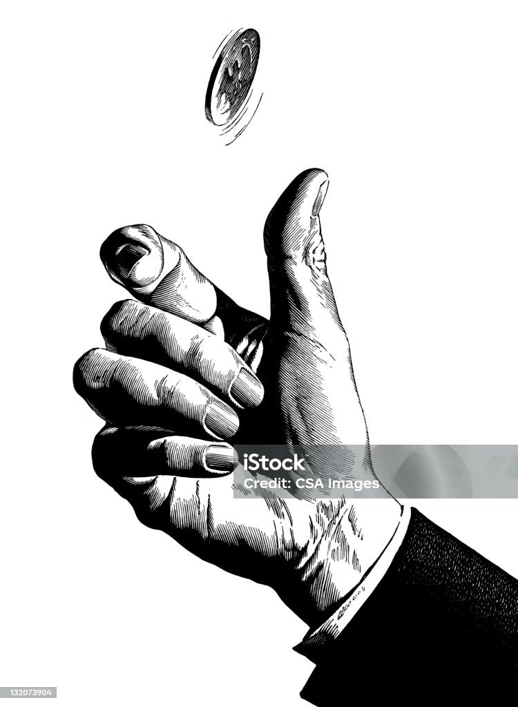 Hand Flipping coin Retro Style stock illustration