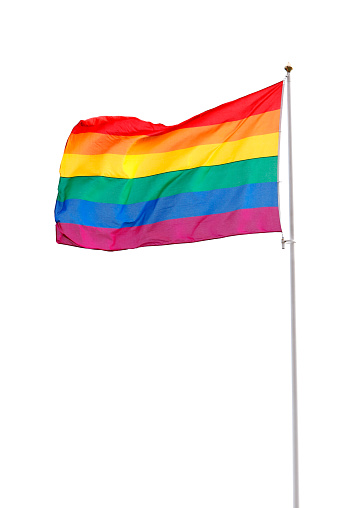 Rainbow flag waving hoisted on mast isolated on white background.
