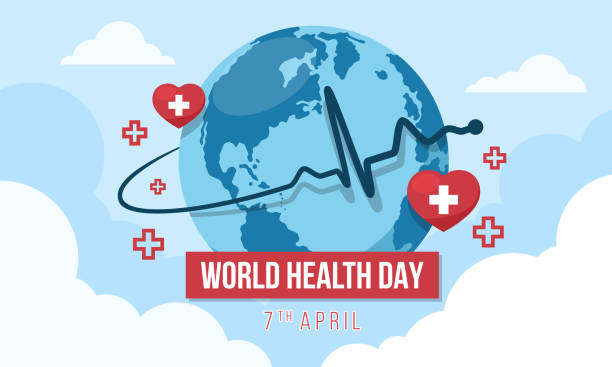 ilustraciones, imágenes clip art, dibujos animados e iconos de stock de día mundial de la salud con onda rítmica del corazón alrededor del mundo globle círculo y cruz en signo de corazón rojo en el diseño de vectores del cielo - pulse trace taking pulse computer monitor healthcare and medicine