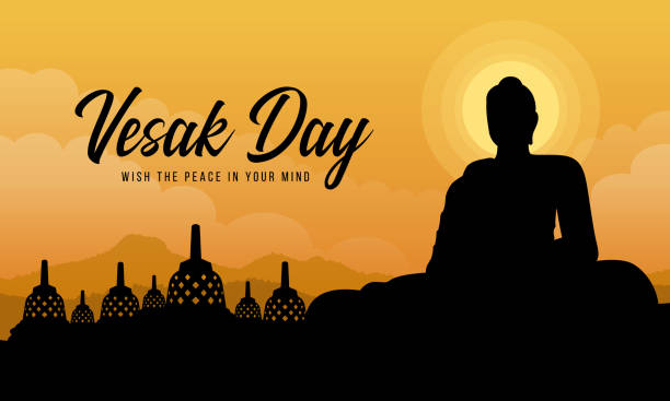 維薩克日與剪影在博羅布杜爾寺廟載體設計大佛像 - happy vesak day 幅插畫檔、美工圖案、卡通及圖標