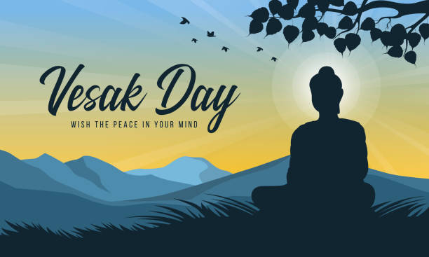 Vesak day with scenery Silhouette The Lord Buddha meditated intuit under Bodhi trees and radiance light vector design Vesak day with scenery Silhouette The Lord Buddha meditated intuit under Bodhi trees and radiance light vector design happy vesak day stock illustrations