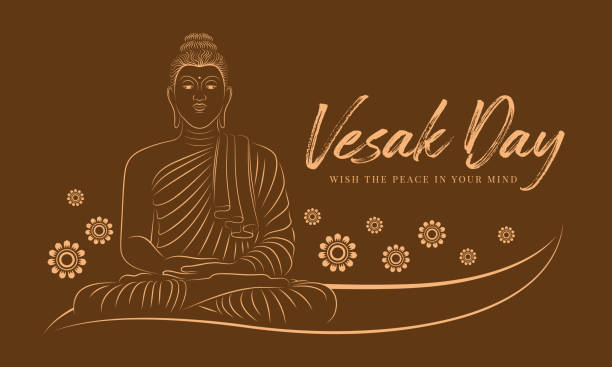 Vesak day with abstract line border drawing the Buddha meditated and lotus flower on brown background vector design Vesak day with abstract line border drawing the Buddha meditated and lotus flower on brown background vector design happy vesak day stock illustrations