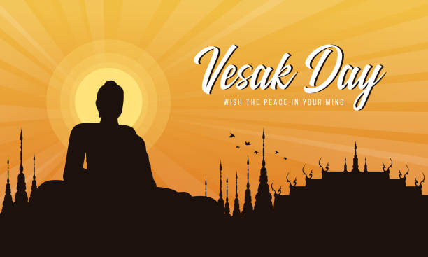 Vesak day with A large meditation statue of the Buddha in the temple and Sunset Evening Sun vector design Vesak day with A large meditation statue of the Buddha in the temple and Sunset Evening Sun vector design happy vesak day stock illustrations