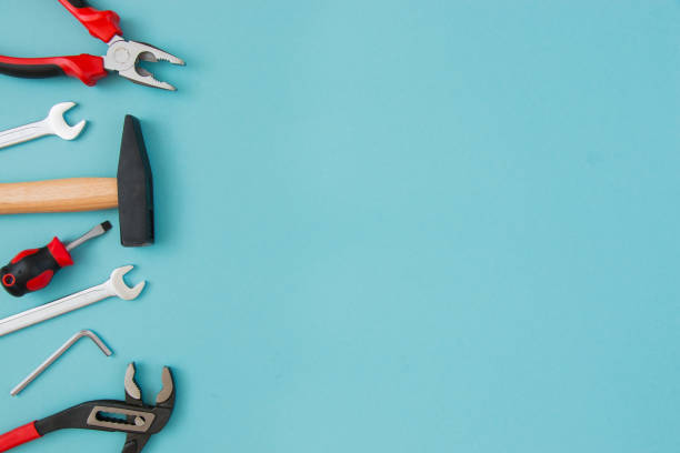 istock Working tools on a blue background. Father's day celebration concept. Copy plasticity for text. 1320741172