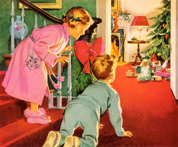 ilustraciones, imágenes clip art, dibujos animados e iconos de stock de niños en navidad por la mañana - anticuado ilustraciones