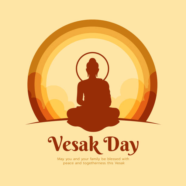 glücklich vesak tag banner - braun buddha meditiert zeichen im kreis schicht mit himmel auf gelben hintergrund vektor-design - vesak day stock-grafiken, -clipart, -cartoons und -symbole