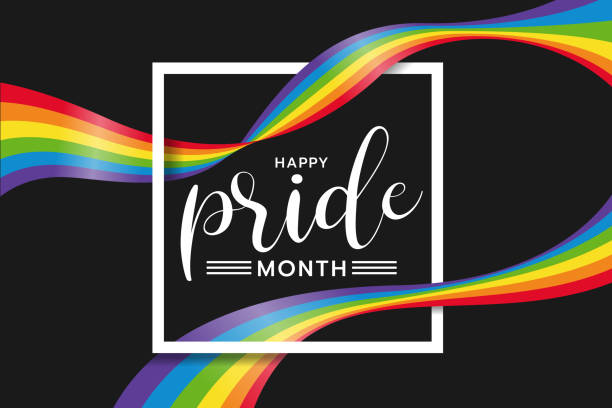 Happy pride month text word in white Square frame and rainbow flag wave around on black background vector design Happy pride month text word in white Square frame and rainbow flag wave around on black background vector design pride month stock illustrations