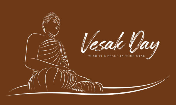 vesak 天與抽象的白線邊界佛陀冥想和開明的棕色背景向量設計 - happy vesak day 幅插畫檔、美工圖案、卡通及圖標