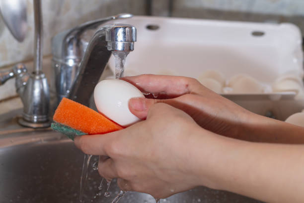 istock Wash chicken eggs with a sponge and soda in the kitchen sink before cooking the egg 1320743052