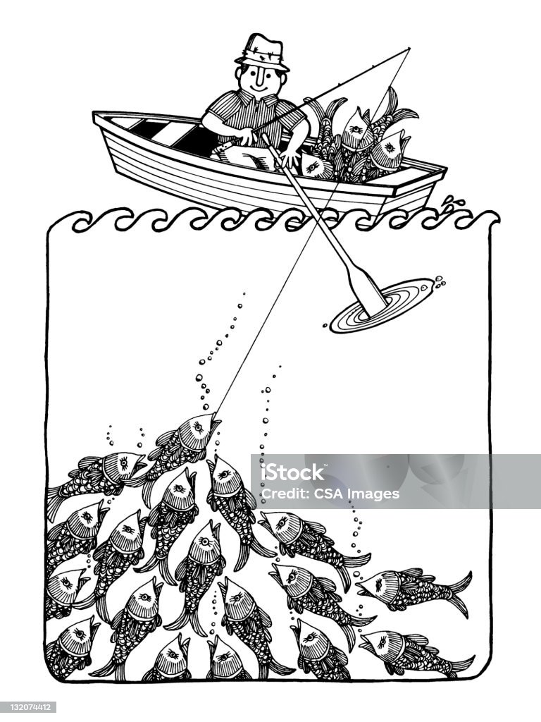 Man Catching Lots of Fish Black And White stock illustration