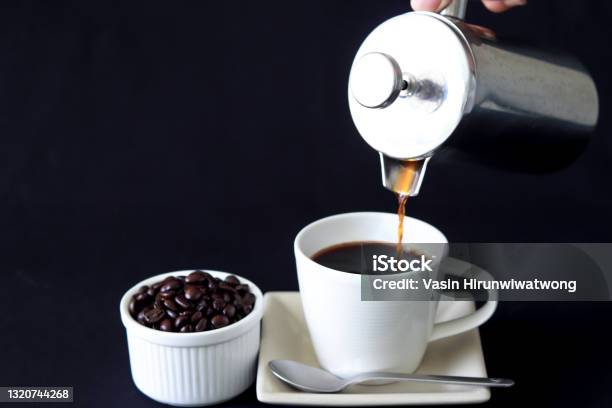 Pouring Coffee From French Press Coffee Maker Stock Photo - Download Image Now - French Press, Coffee - Drink, Metal