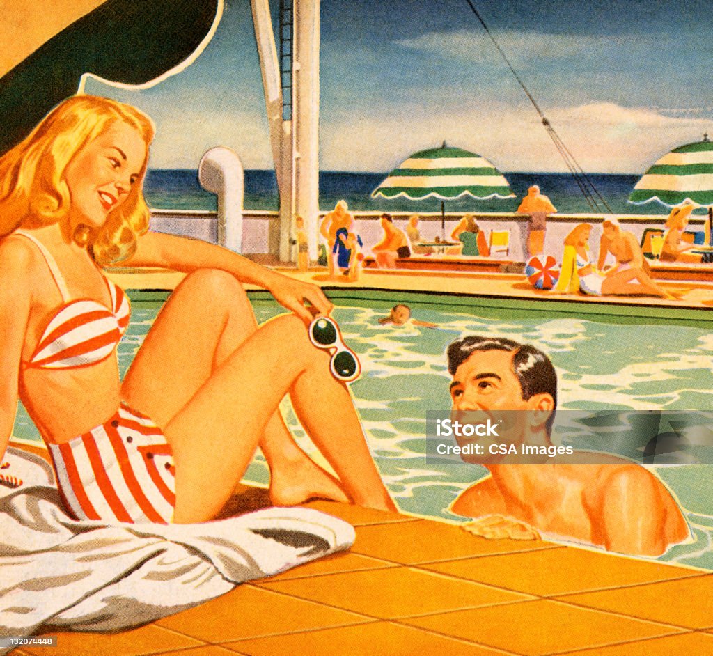 Woman and Man Flirting at the Pool Old-fashioned stock illustration